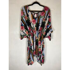 Lildy L/XL Floral Kimono Sleeve Tunic Asymmetrical Hem Boho‎ Maximalist Bold